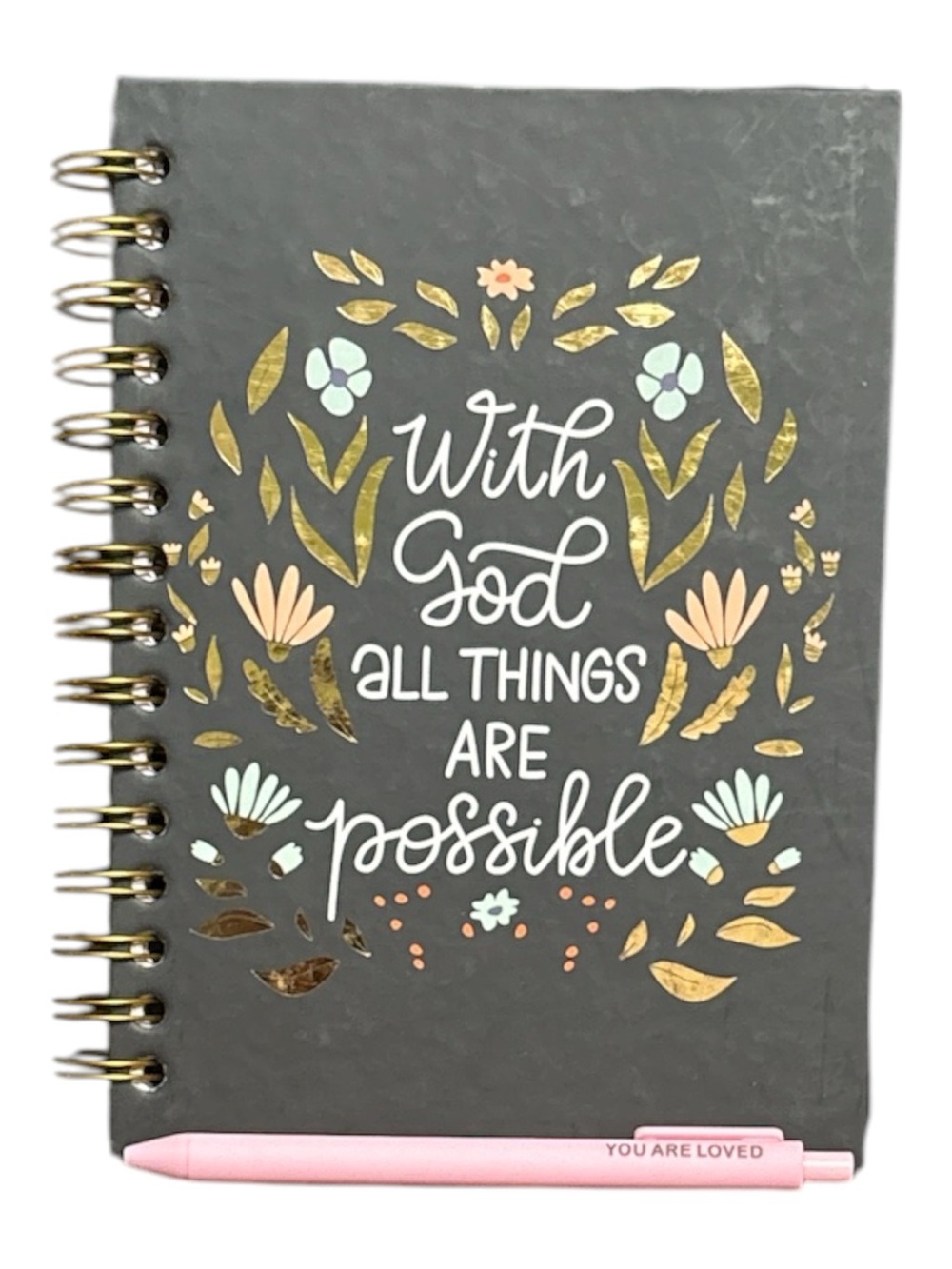 Spiral Journal Floral 'With God All Things Are Possible' and You Are Loved pen